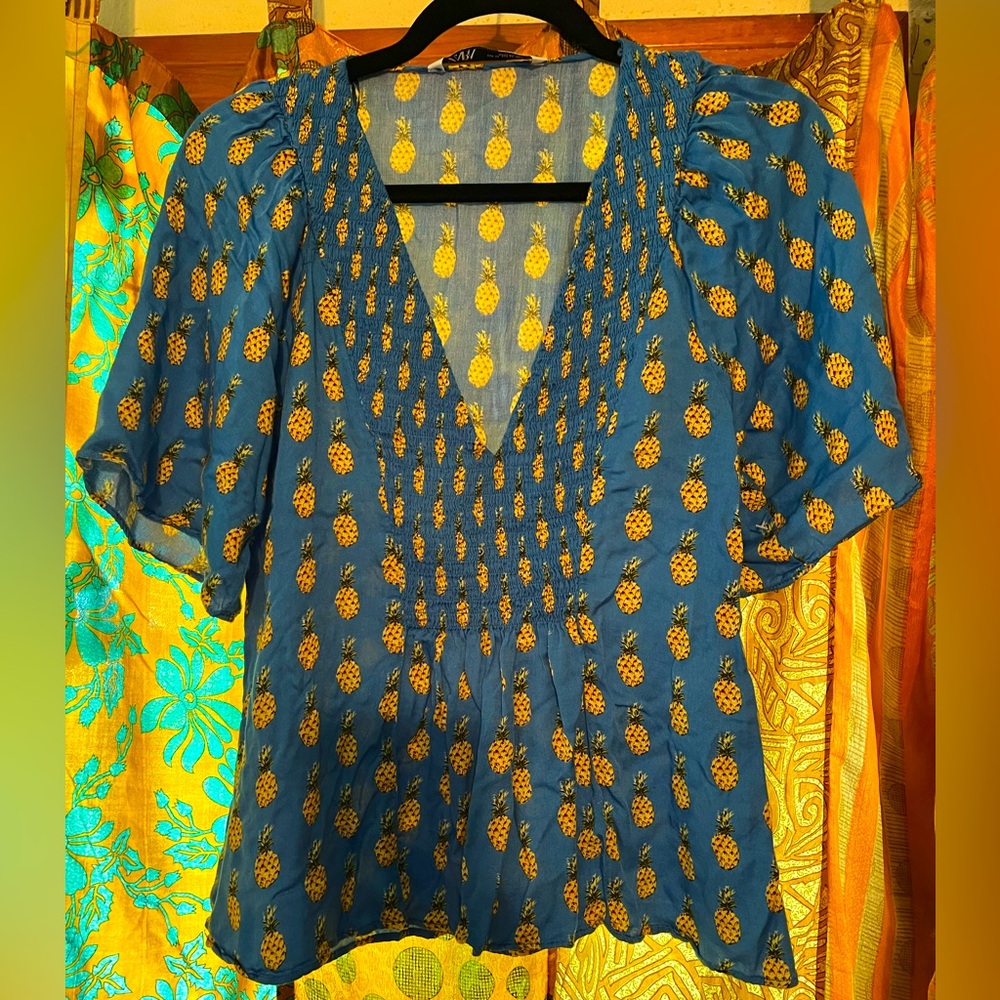 Zara Pineapple Top Blue Size Small